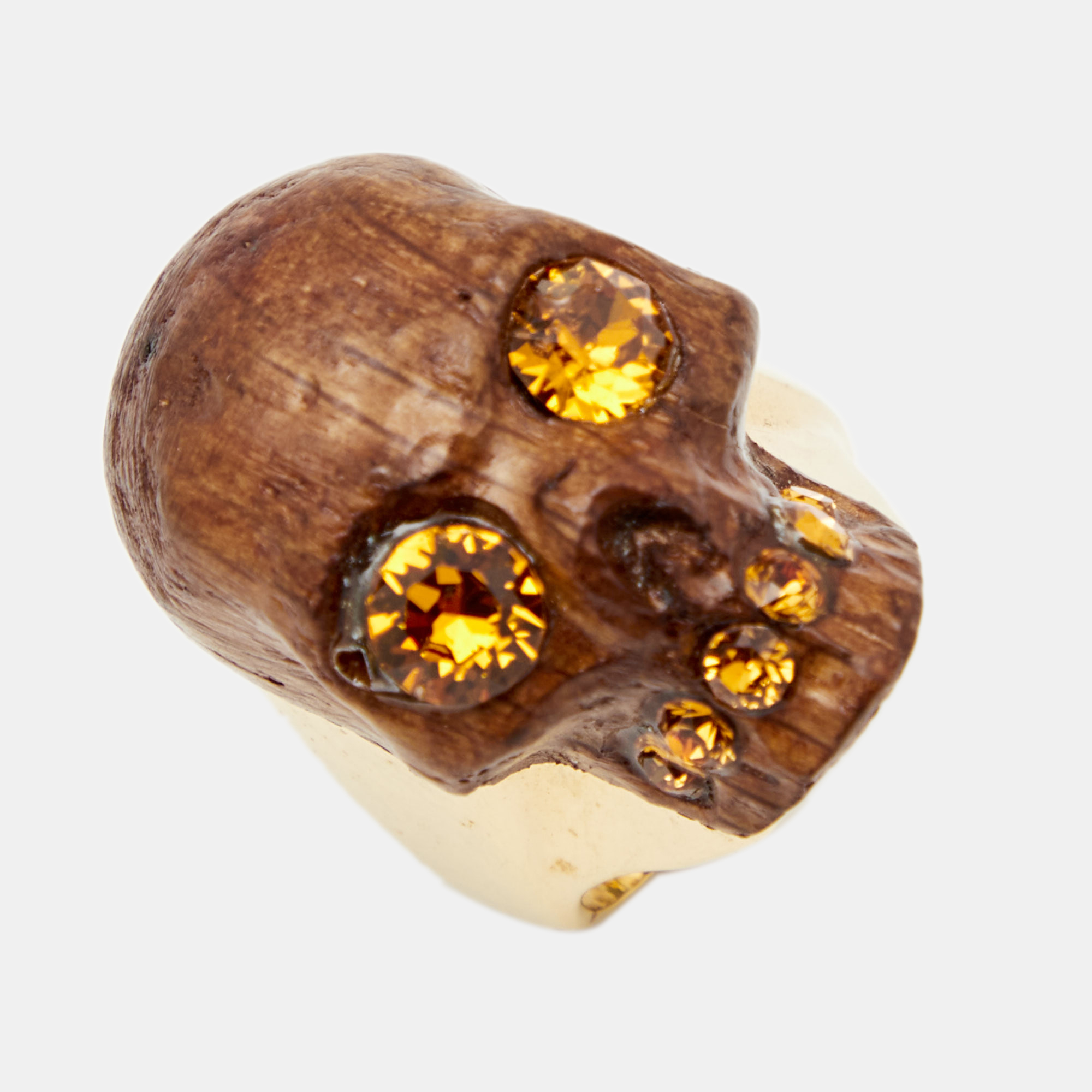 

Alexander McQueen Brown Wooden Skull Crystal Studded Gold Tone Ring Size
