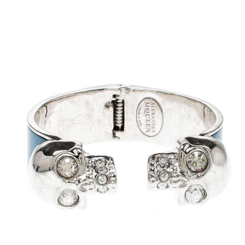 Pre Owned Alexander McQueen Blue Leather Crystal Twin Skull Open Cuff Bracelet