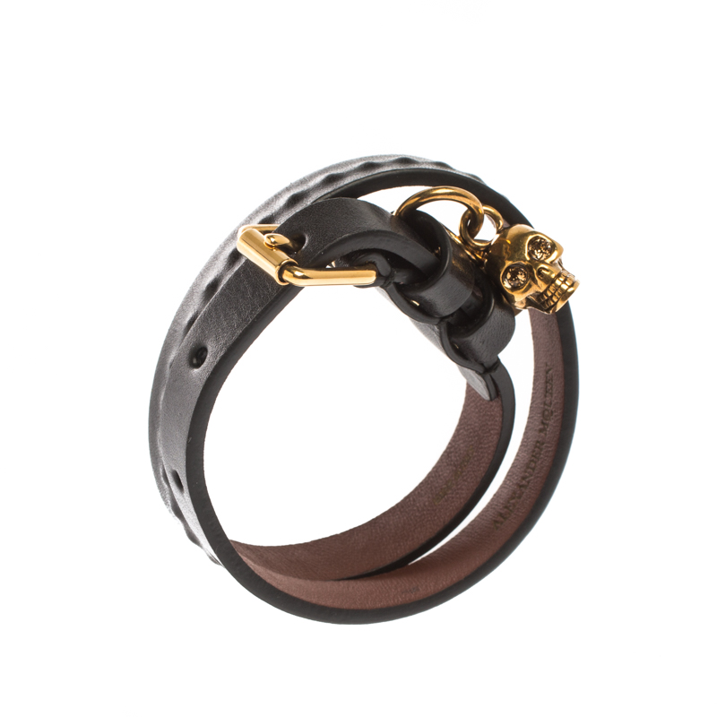 

Alexander McQueen Black Leather Gold Tone Double Wrap Skull Charm Bracelet