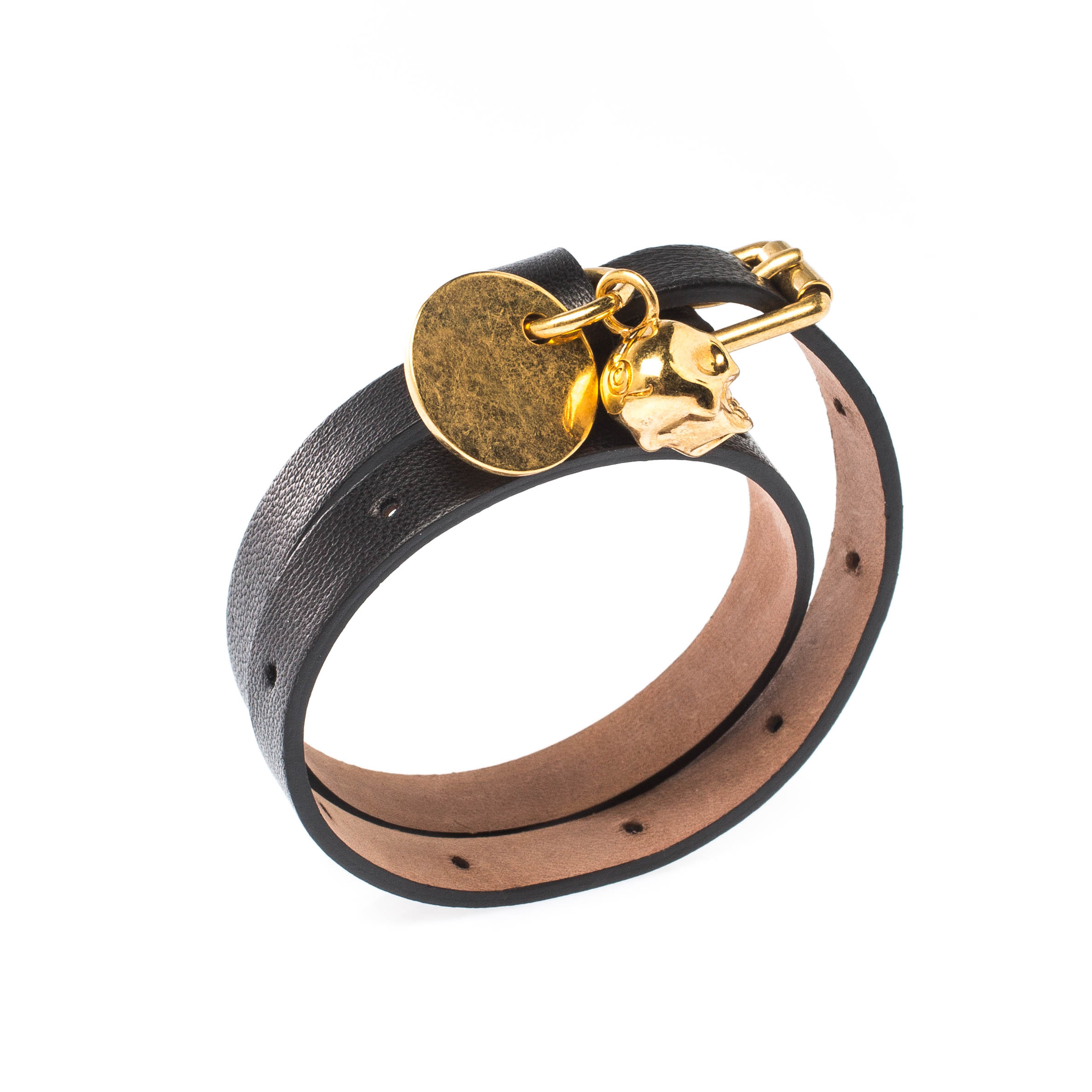 Pre Owned Alexander McQueen Skull Charm Black Leather Gold Tone Wrap Bracelet