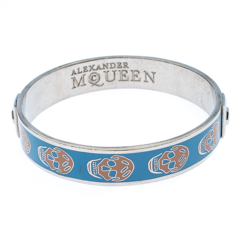 Alexander McQueen Blue Skull Enamel Silver Tone Bangle Bracelet