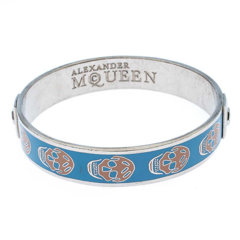 Pre Owned Alexander McQueen Blue Skull Enamel Silver Tone Bangle Bracelet