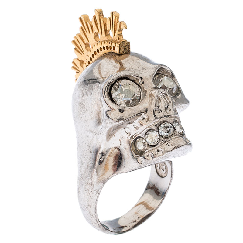 Pre Owned Alexander McQueen Crystal Skull Punk Two Tone Cocktail Ring Size 54