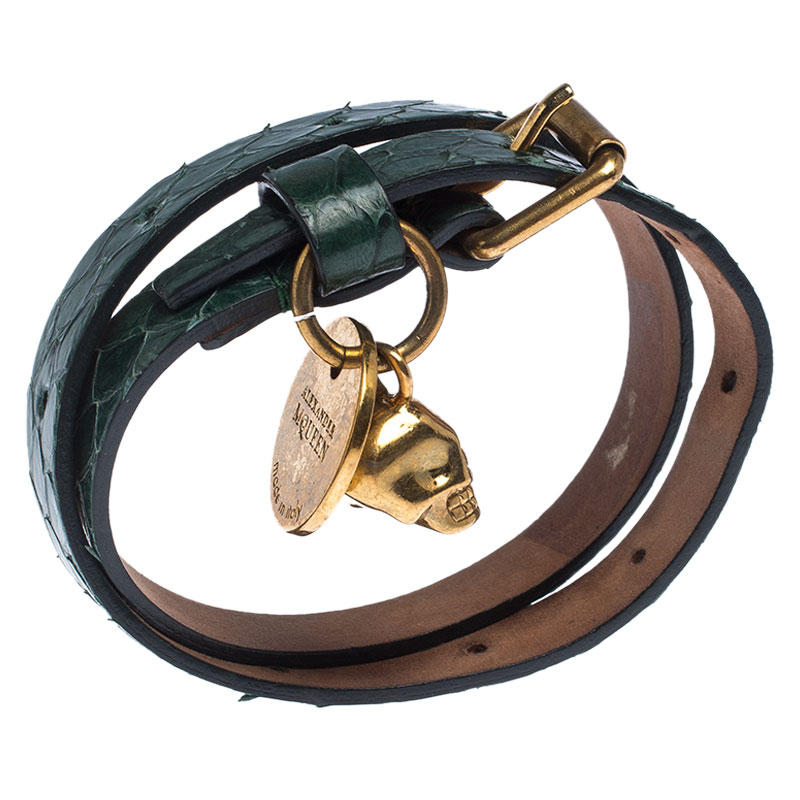 

Alexander McQueen Crystal Skull Charm Green Leather Double Wrap Bracelet