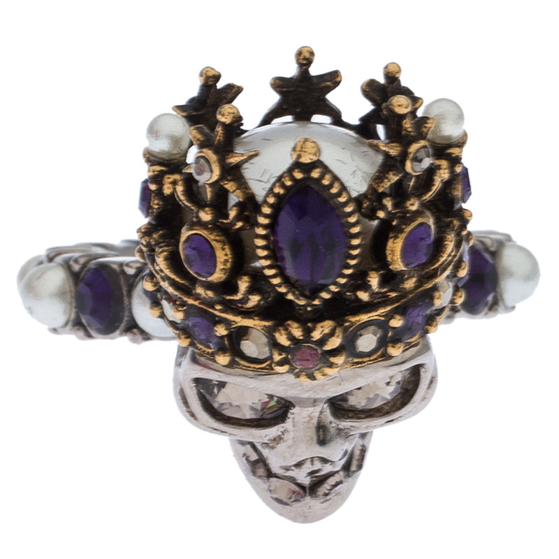 

Alexander McQueen Crystal and Faux Pearl Embellished Queen Skull Ring Size, Purple