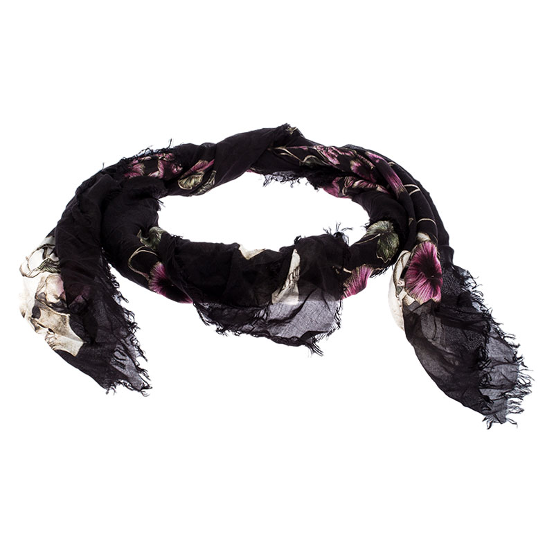 Alexander McQueen Black Skull And Floral Printed Silk Scarf 