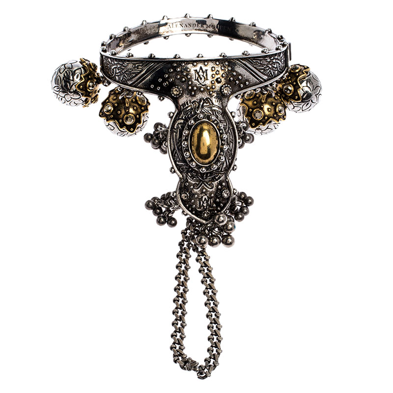 Alexander McQueen Crystal Two Tone Metal Charm Ring Bracelet