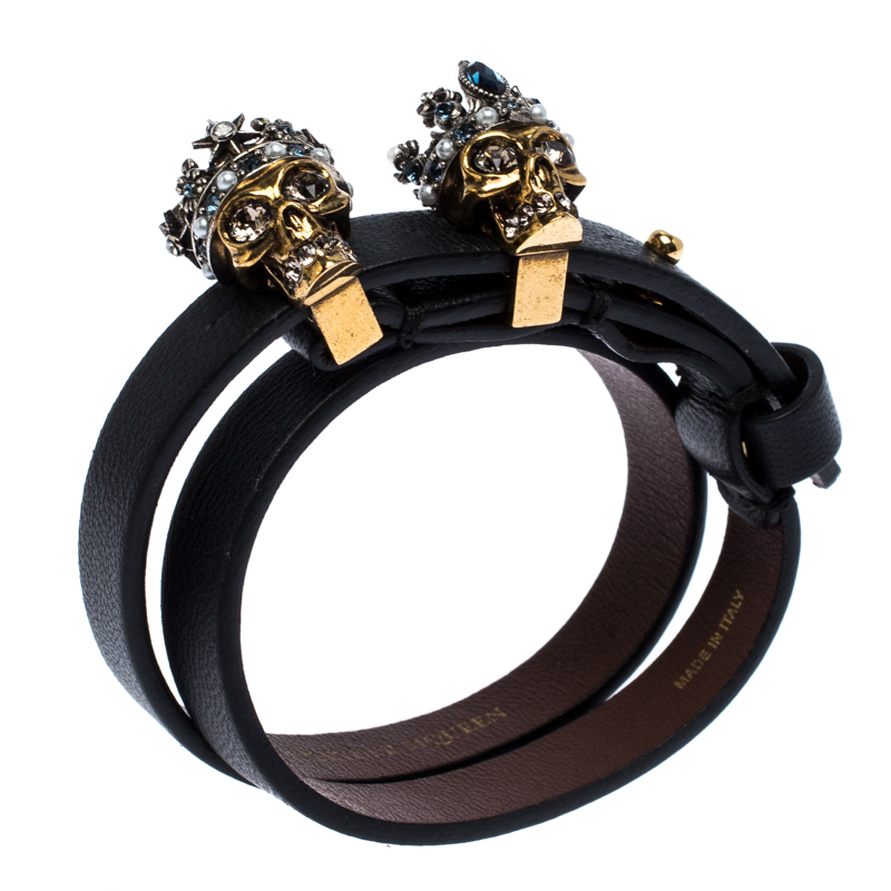 

Alexander McQueen Black Leather King & Queen Skull Double Tour Bracelet