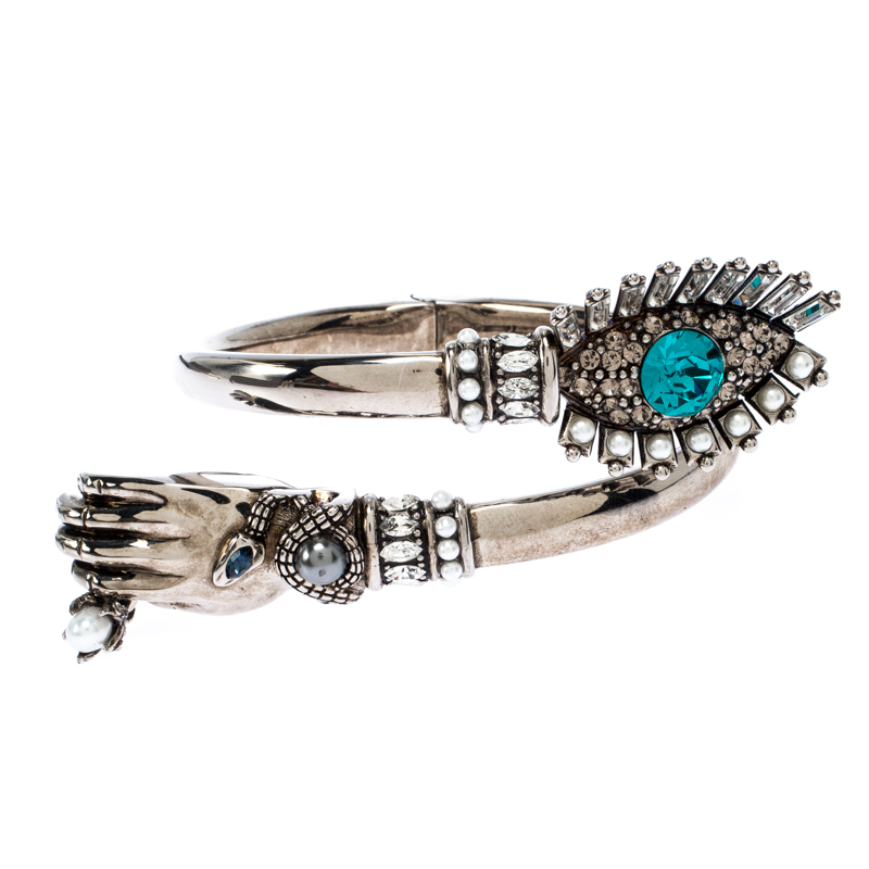 Alexander McQueen Jewelled Eye & Hand Wrap Silver Tone Cuff Bracelet S