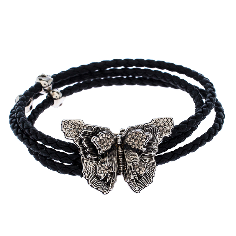 Download Pre Owned Alexander Mcqueen Black Braided Leather Crystal Butterfly Charm Layered Bracelet Modesens