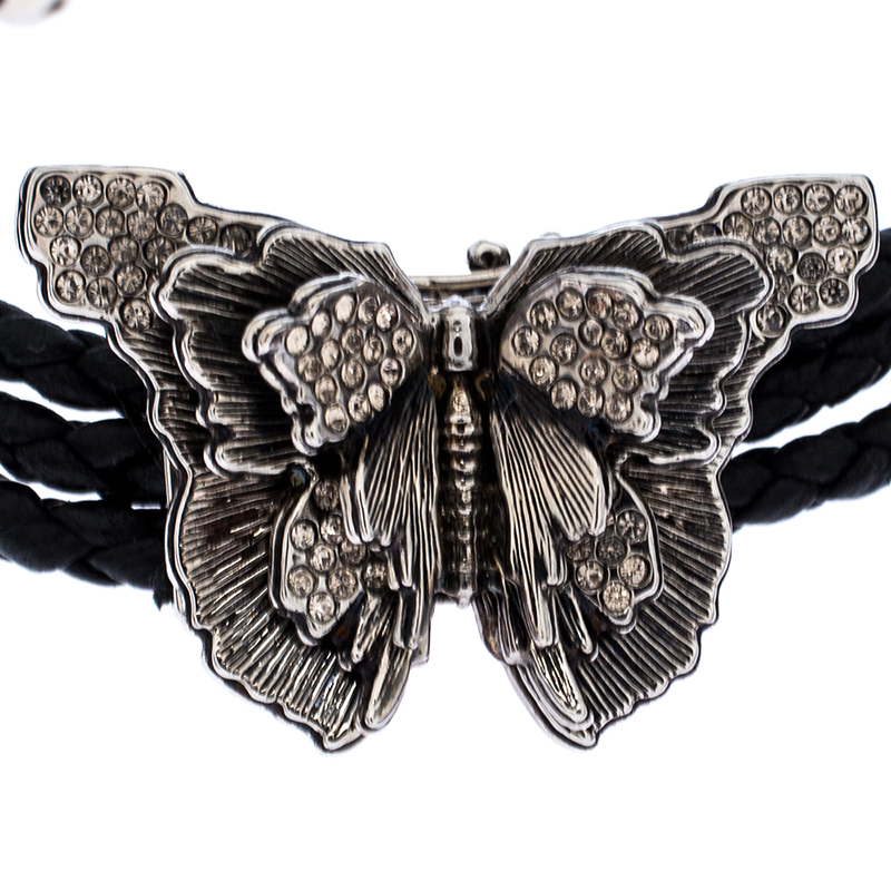 

Alexander McQueen Black Braided Leather Crystal Butterfly Charm Layered Bracelet