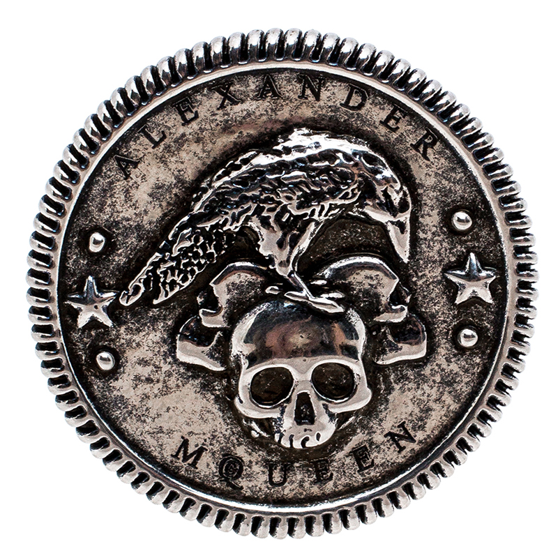 

Alexander McQueen Silver Tone Crow and Skull Medallion Ring Size EU 60