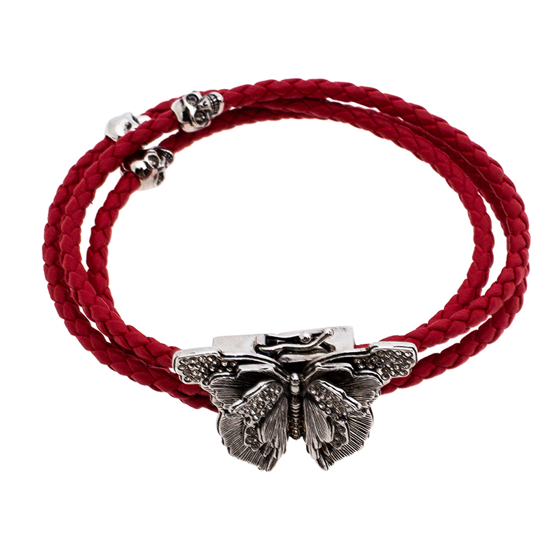 Alexander McQueen Red Braided Leather Crystal Butterfly Charm Layered Bracelet
