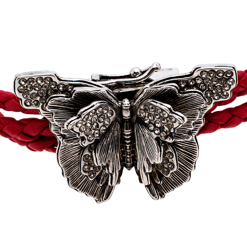 

Alexander McQueen Red Braided Leather Crystal Butterfly Charm Layered Bracelet