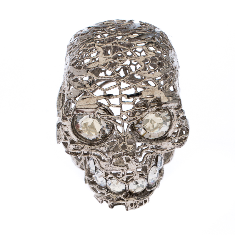 

Alexander McQueen Crystal Filigree Skull Silver Tone Cocktail Ring Size