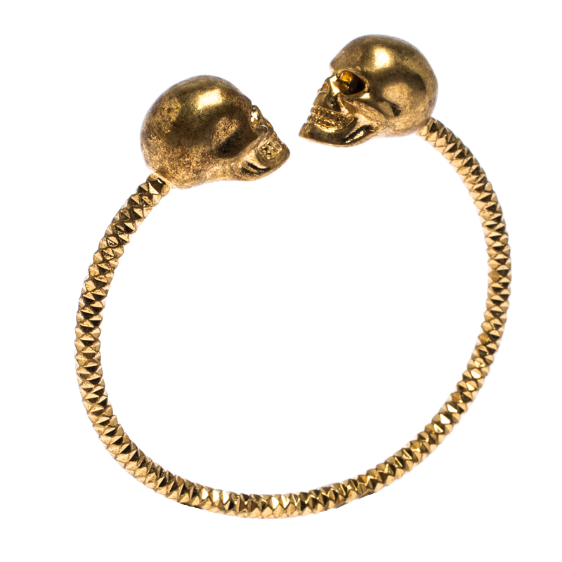 

Alexander McQueen Crystal Twin Skull Textured Gold Tone Open Cuff Bracelet