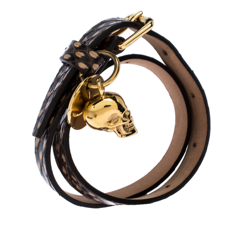 

Alexander McQueen Snakeskin Leather Gold Tone Skull Charm Wrap Bracelet, Brown