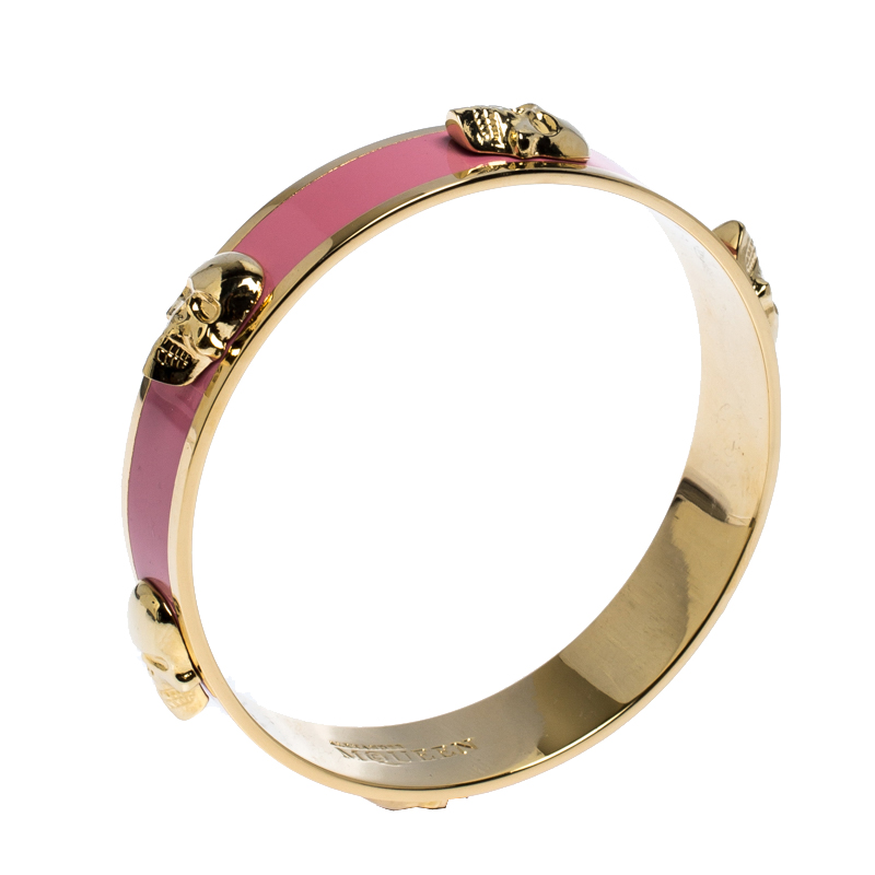 

Alexander McQueen Pink Enamel Skull Gold Tone Bangle Bracelet