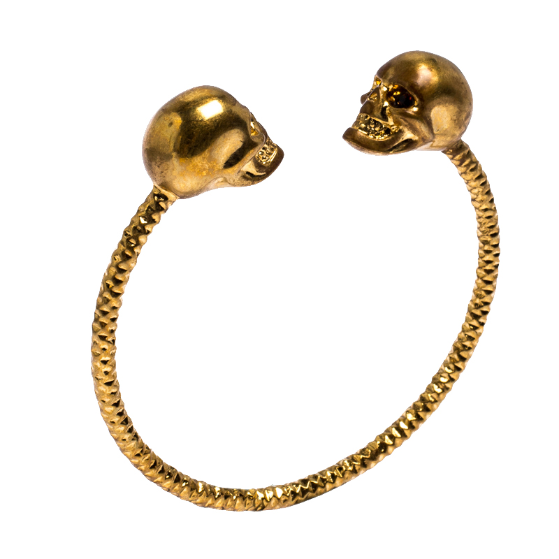 

Alexander McQueen Crystal Twin Skull Textured Gold Tone Open Cuff Bracelet