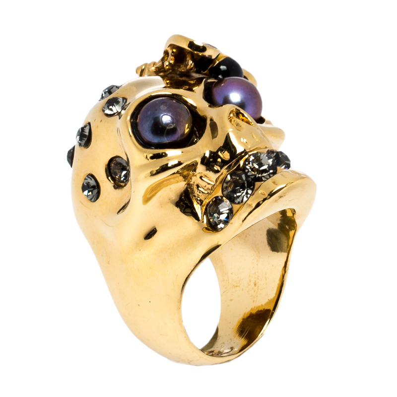 

McQ by Alexander McQueen Gold Tone Crystal Skull and Bee Cocktail Ring Size EU 54.5