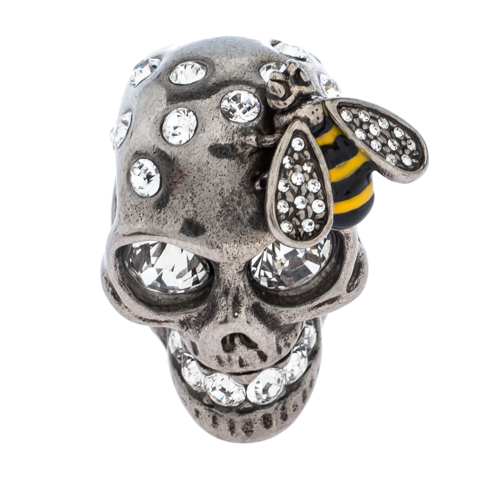 

Alexander McQueen Bee Crystal Studded Skull Silver Tone Ring Size