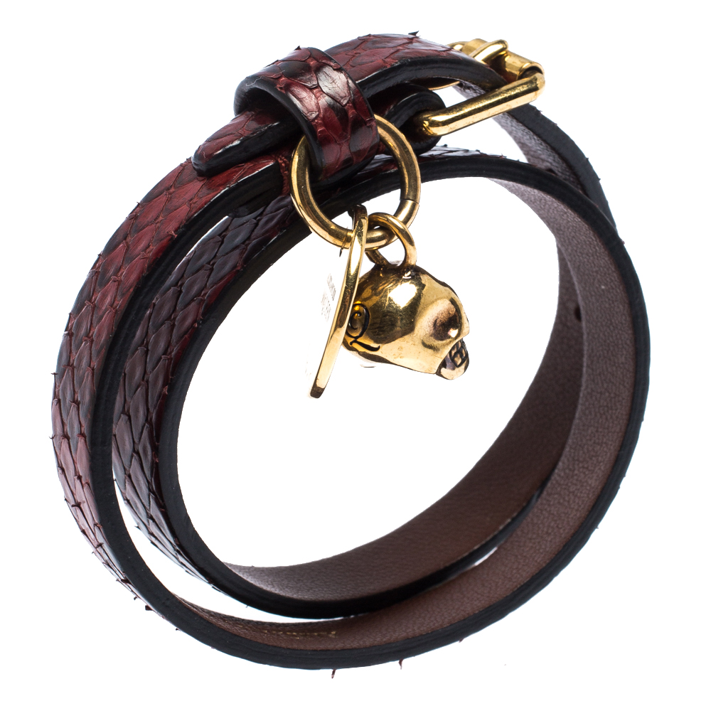 

Alexander McQueen Snakeskin Leather Gold Tone Skull Charm Wrap Bracelet, Red