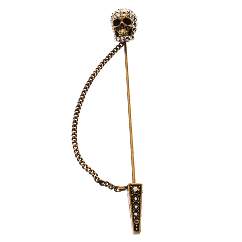 Pre Owned Alexander McQueen Crystal Antique Gold Tone Skull Pin Brooch