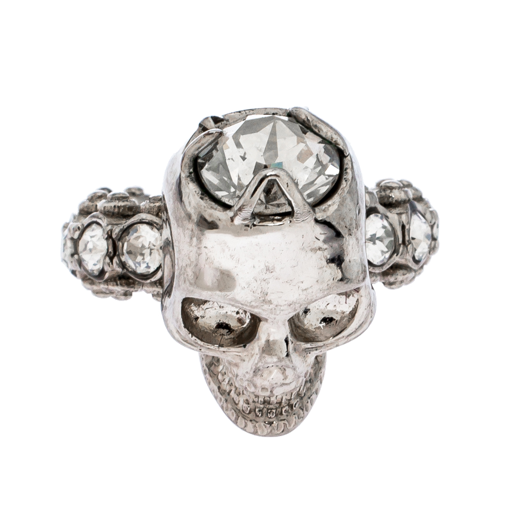 

Alexander McQueen Skull Crystal Embedded Silver Tone Ring Size