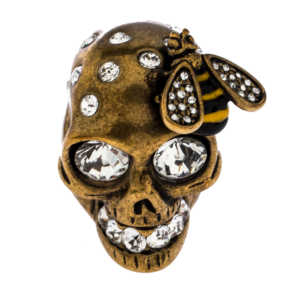 

Alexander McQueen Gold Tone Crystal Skull and Bee Cocktail Ring Size EU 54.5
