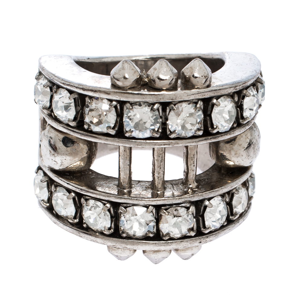 

Alexander McQueen Skull Crystal Silver Tone Cocktail Ring Size