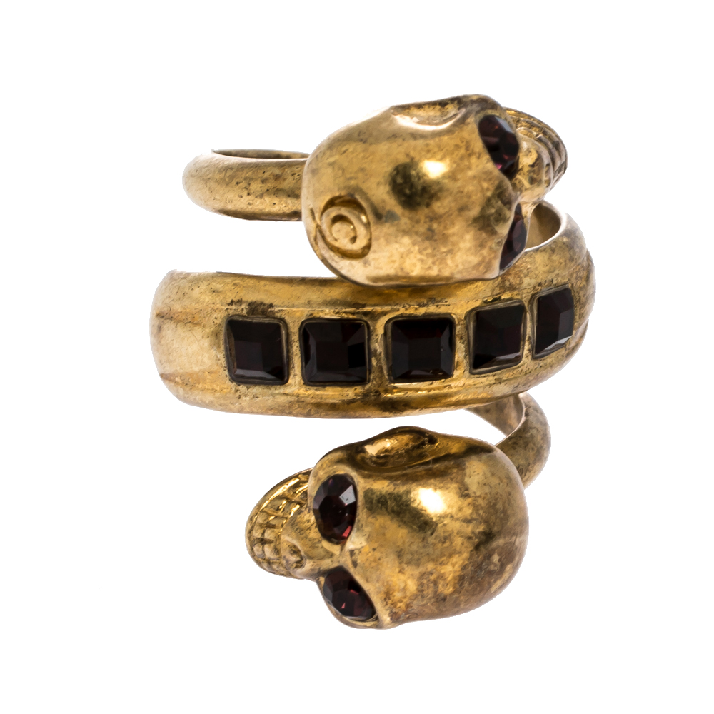 

McQ by Alexander McQueen Double Crystal Skull Wrap Gold Tone Ring EU 53