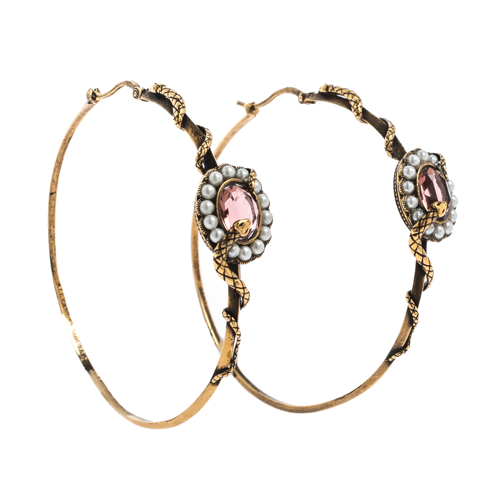 

Alexander McQueen Crystal Faux Pearl Snake Gold Tone Hoop Earrings