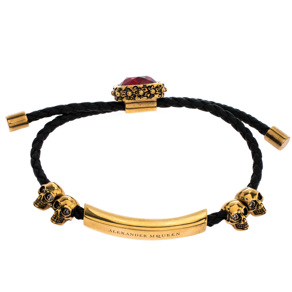 

Alexander McQueen Crystal Skull Gold Tone Leather Adjustable Bracelet