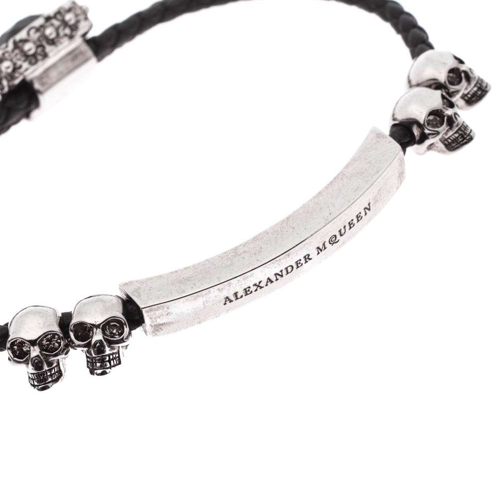 

Alexander McQueen Crystal Skull Silver Tone Leather Adjustable Bracelet, Black