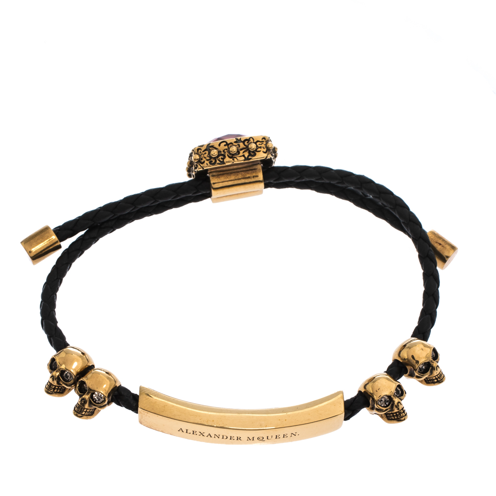 

Alexander McQueen Crystal Skull Gold Tone Leather Adjustable Bracelet