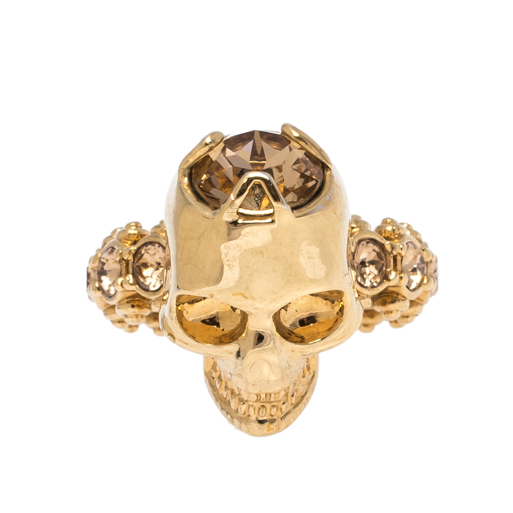 

Alexander McQueen Skull Crystal Embedded Gold Tone Ring Size
