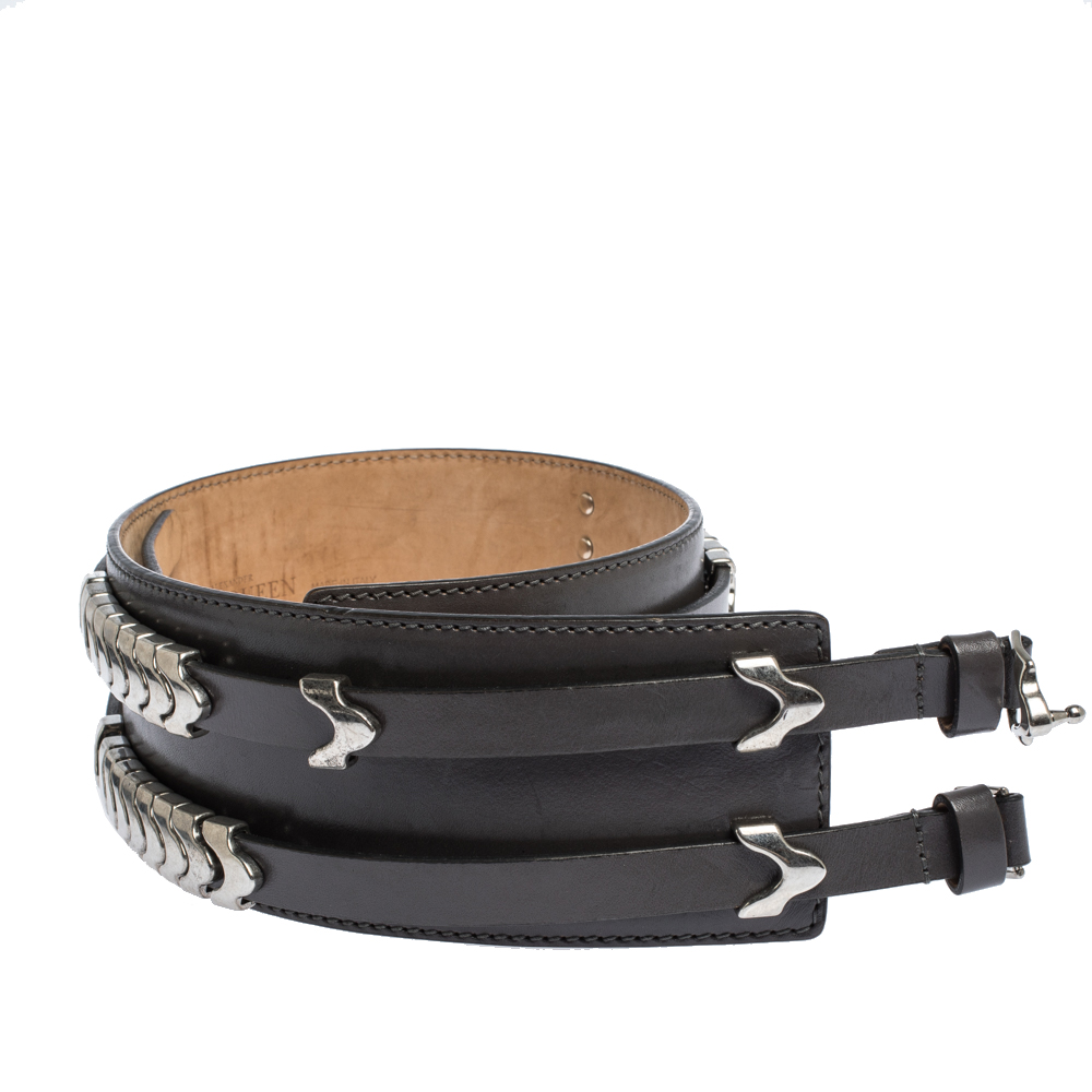 

Alexander McQueen Grey Metal Detail Leather Double Buckle Waist Belt