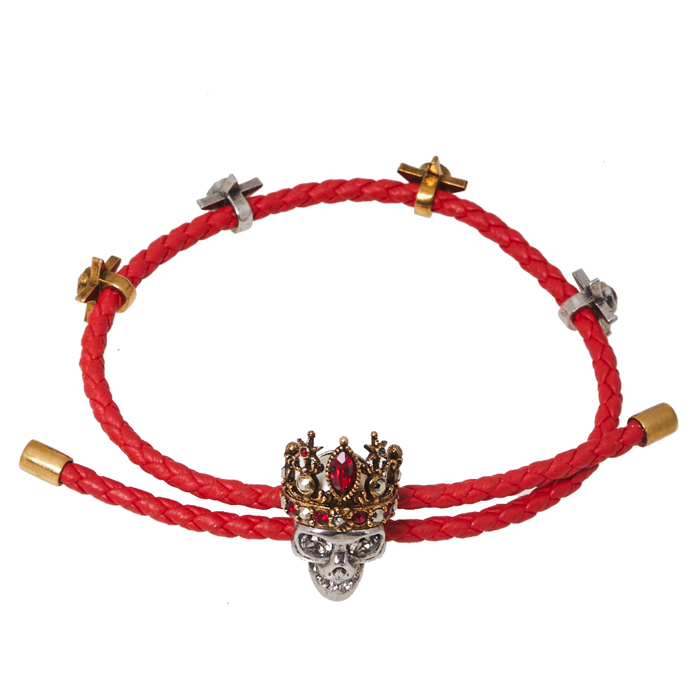 

Alexander McQueen Crowned Skull Motif Crystal Two Tone Leather Bracelet, Red