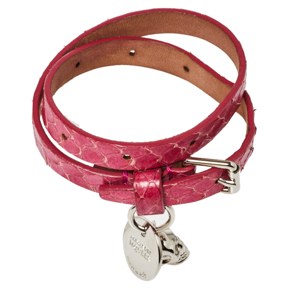 

Alexander McQueen Pink Snakeskin Double Wrap Skull Bracelet