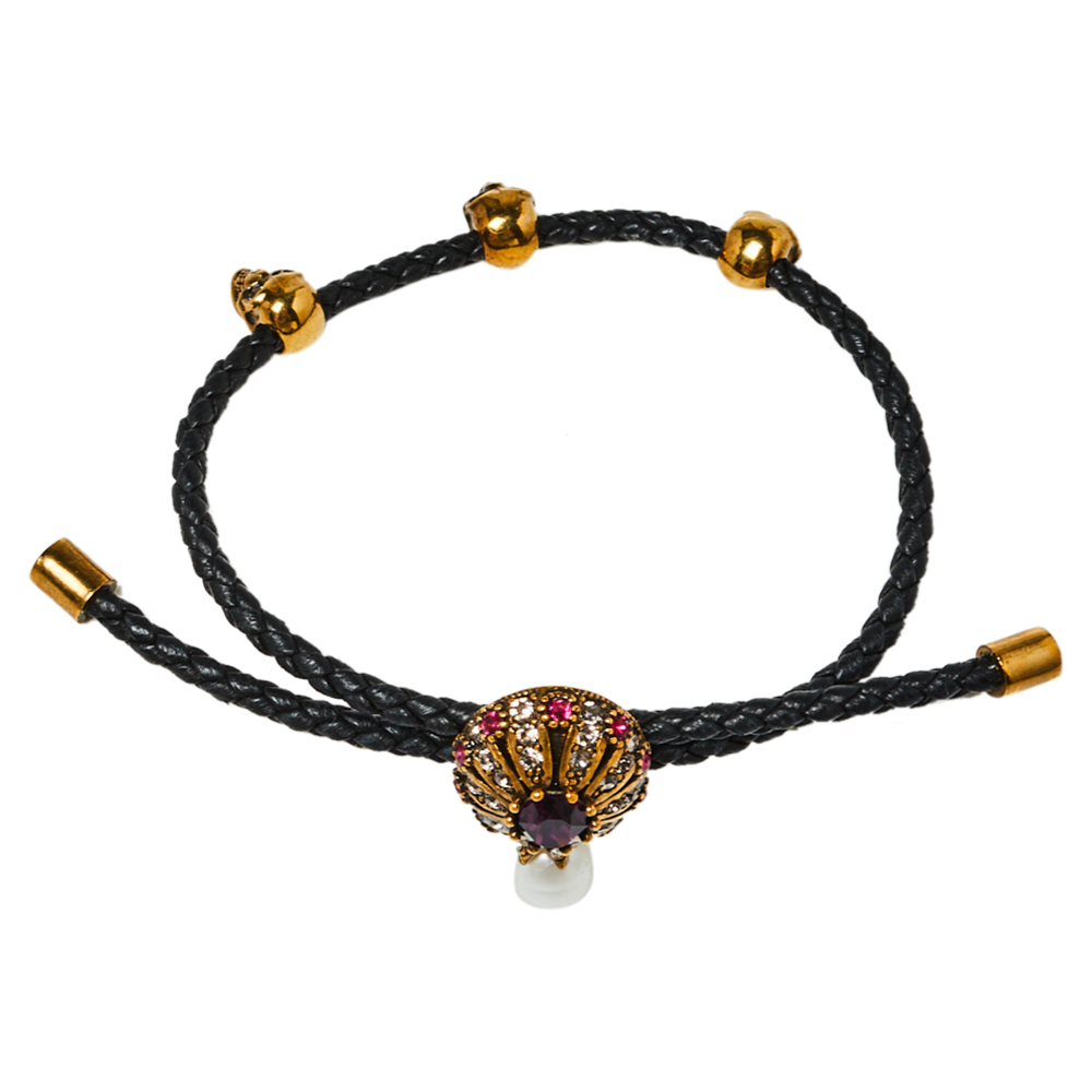 

Alexander McQueen Leather Gold Tone Jewel Friendship Bracelet, Black