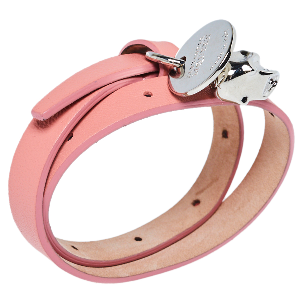 

Alexander McQueen Pink Leather Skull Charm Double Wrap Bracelet