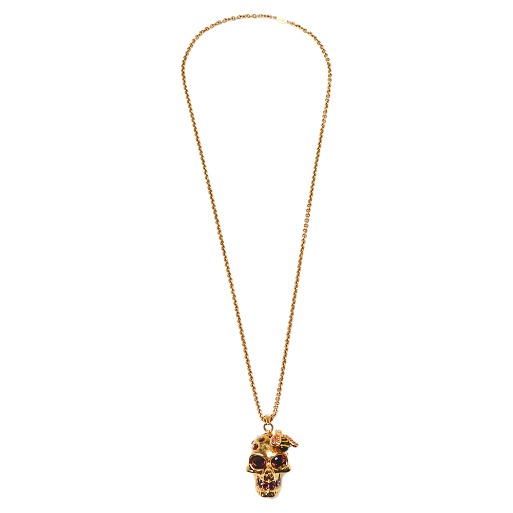 

Alexander McQueen Honey Bee Crystal Skull Pendant Necklace, Gold