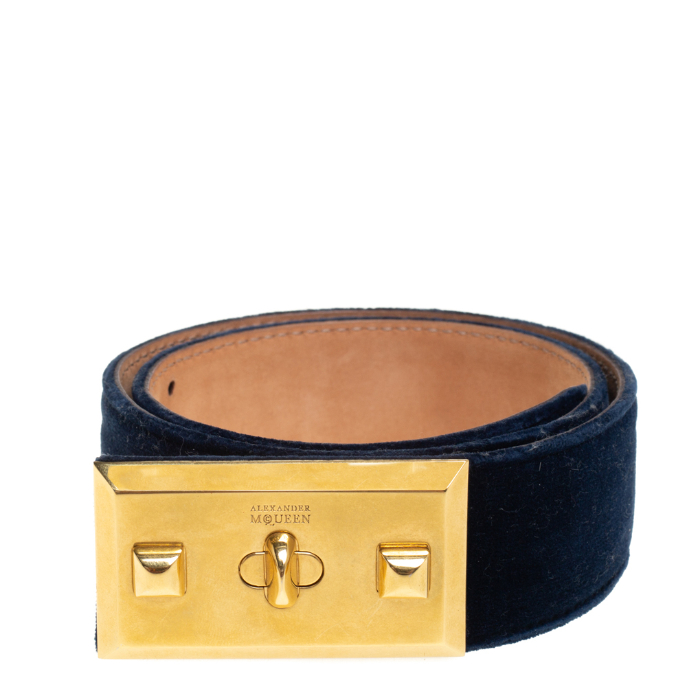 

Alexander McQueen Navy Blue Velvet Buckle Waist Belt