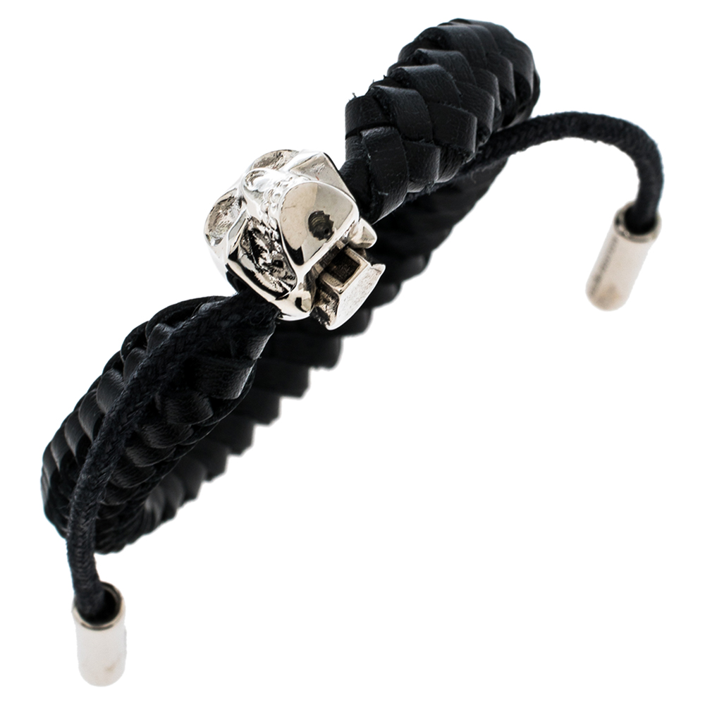 

Alexander McQueen Skull Braided Leather Bracelet, Black