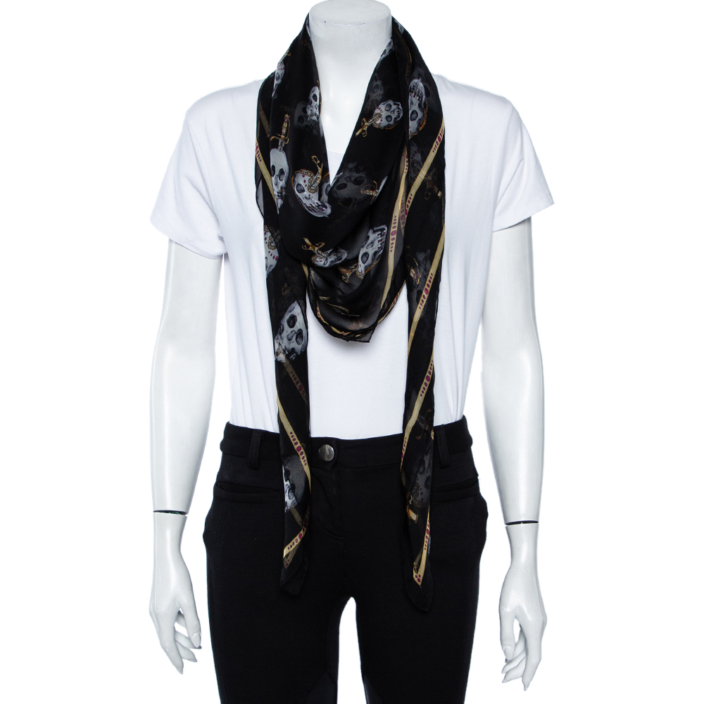 

Alexander McQueen Black Skull Sword Print Silk Scarf