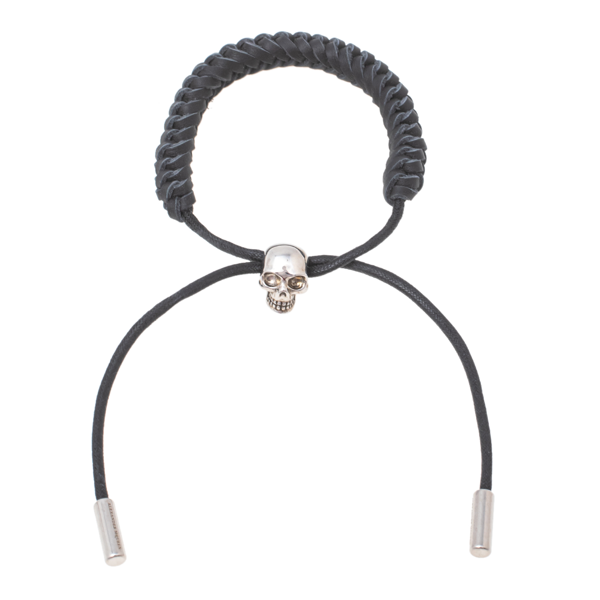 

Alexander McQueen Black Braided Leather Skull Charm Adjustable Bracelet