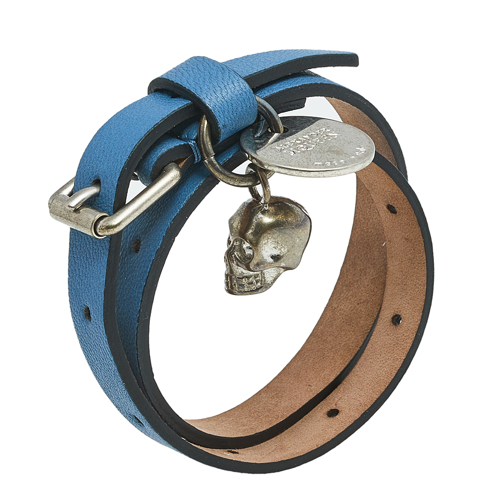 

Alexander McQueen Blue Leather Skull Charm Double Wrap Bracelet