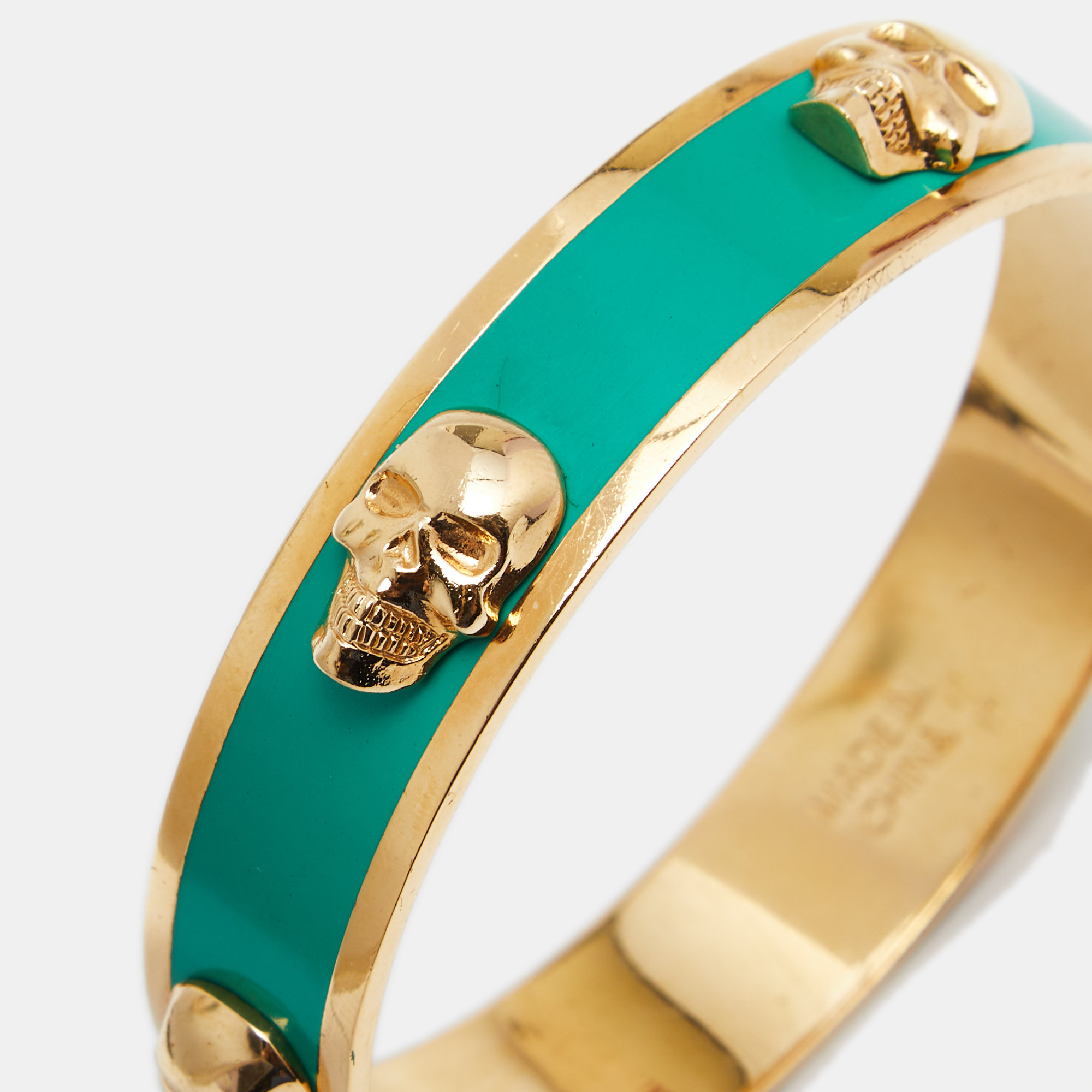 

Alexander McQueen 3D Skull Green Gold Tone Bangle Bracelet