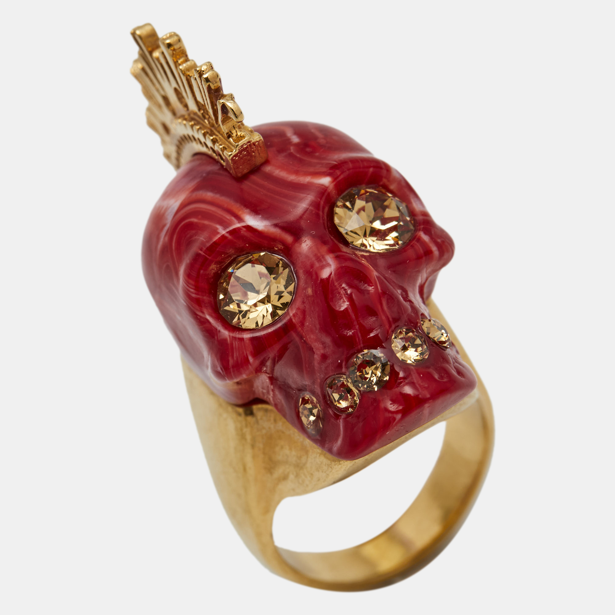 

Alexander McQueen Punk Skull Plexi Marbled Resin Crystals Gold Tone Ring Size