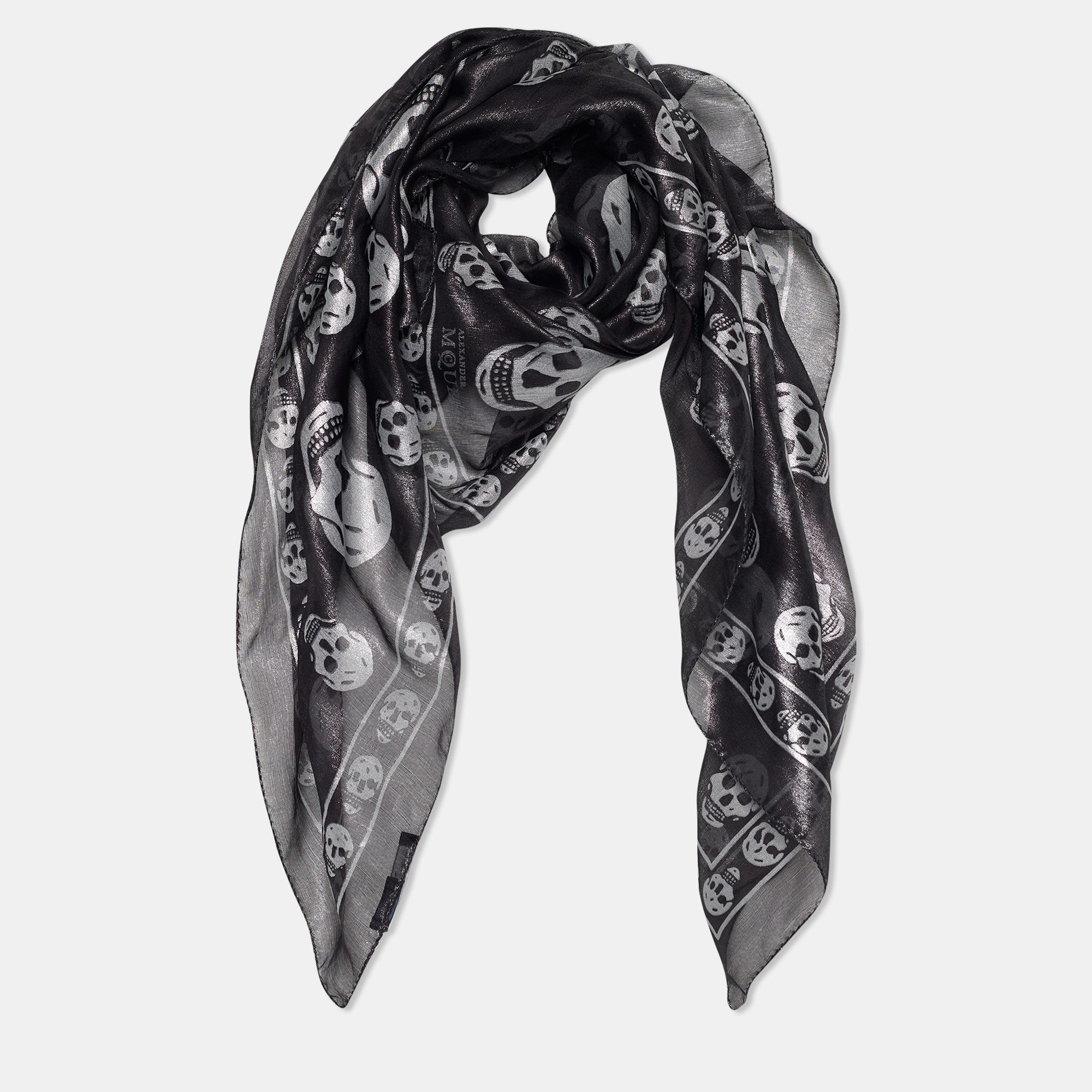 

Alexander McQueen Black Skull Printed Lurex Silk Scarf